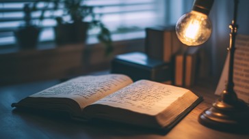 Illustration of a warm lamp glow with a closed book under a starlit sky